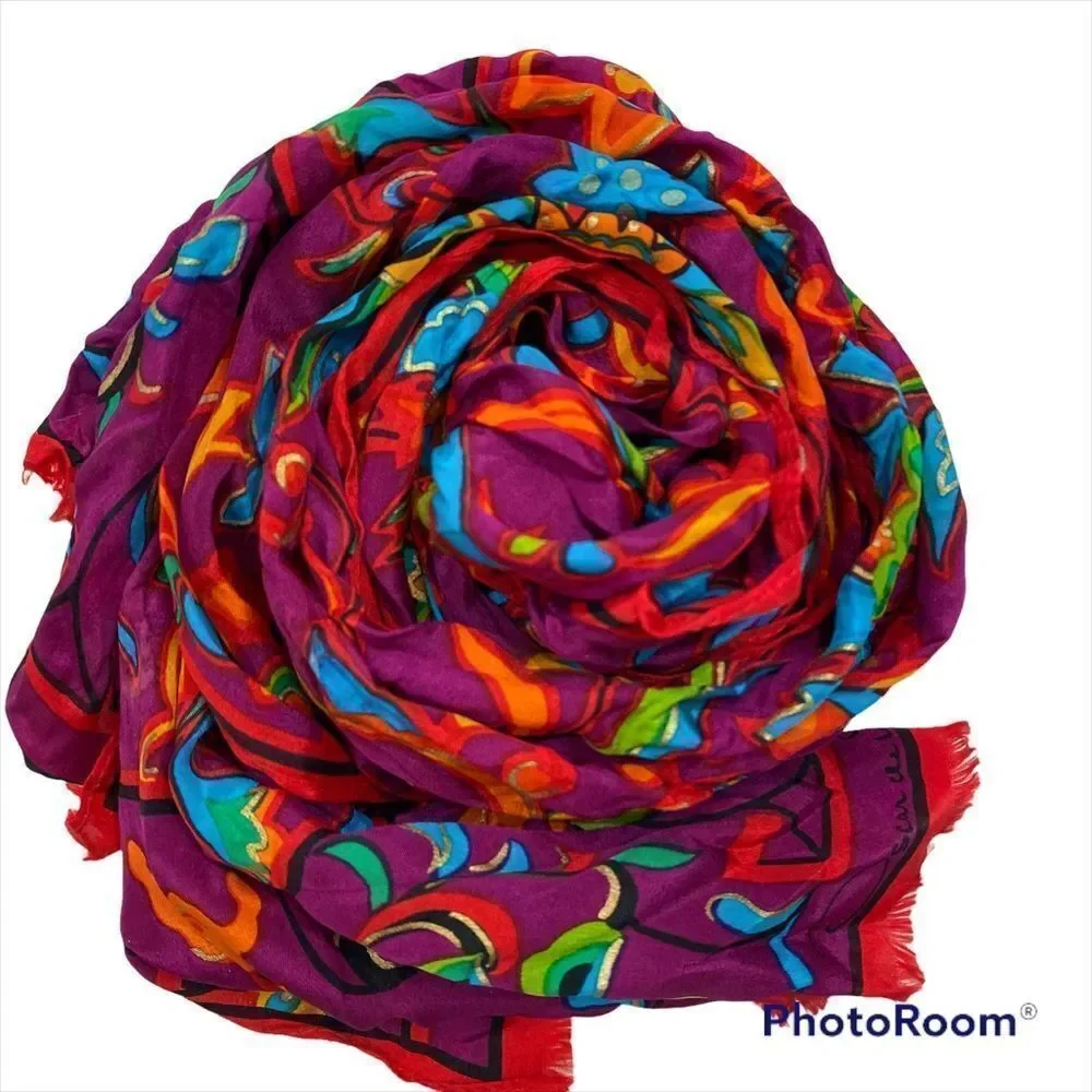 Brand New With Tags Vintage Oscar‎ de la Renta Vibrant Silk Scarf   11”x53”